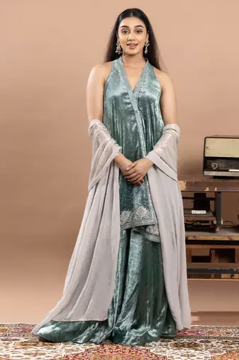 blue tissue sharara set with elegant embroidery