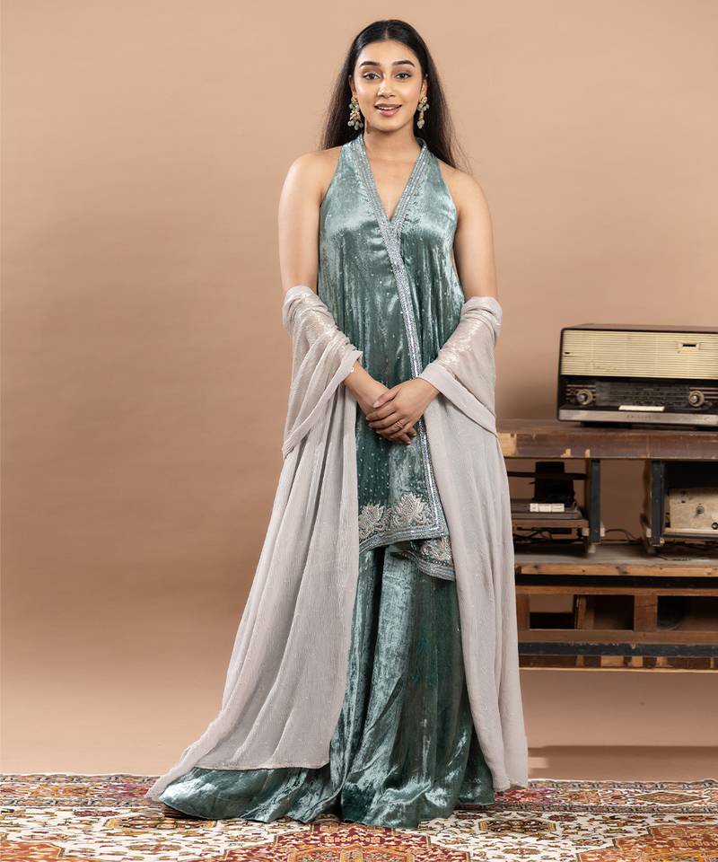 Blue embroidered tissue sharara set