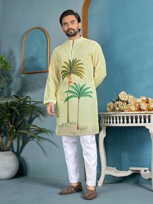men's light yellow cambric cotton printed kurta 1