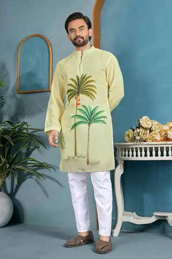 men's light yellow cambric cotton printed kurta