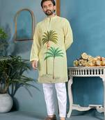 men's light yellow cambric cotton printed kurta