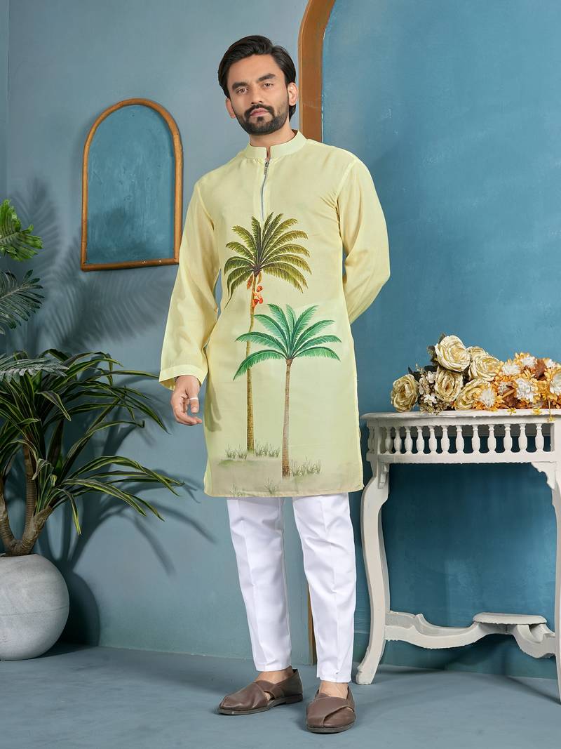 men's light yellow cambric cotton printed kurta