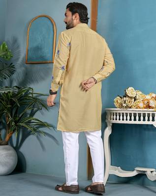 men’s beige cambric cotton floral printed kurta
 2