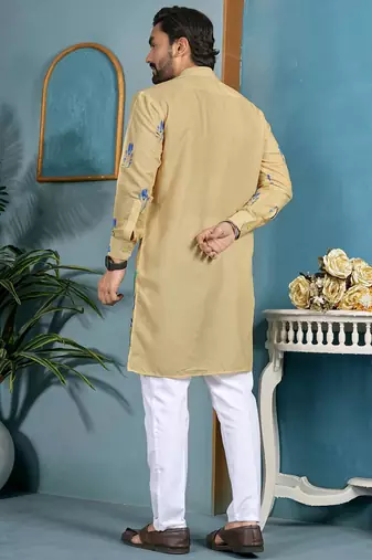 men’s beige cambric cotton floral printed kurta