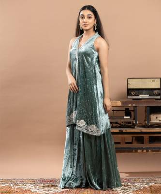 blue tissue sharara set with elegant embroidery 2