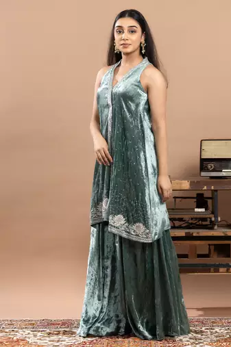 blue tissue sharara set with elegant embroidery
