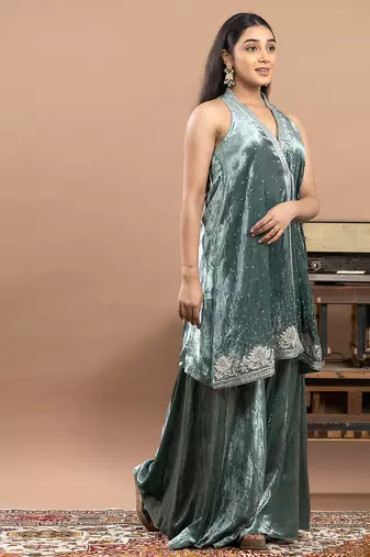 blue tissue sharara set with elegant embroidery