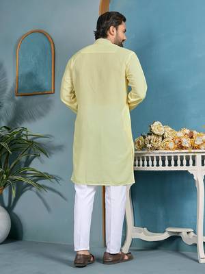 men's light yellow cambric cotton printed kurta 2