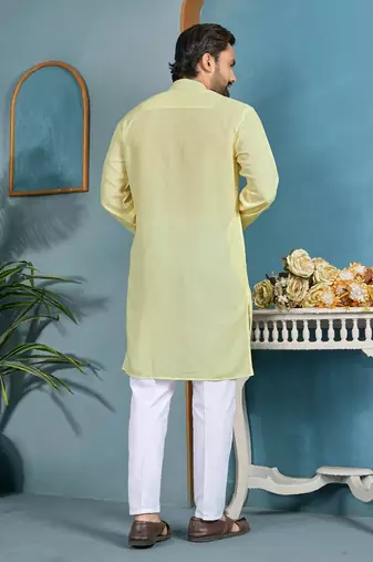 men's light yellow cambric cotton printed kurta
