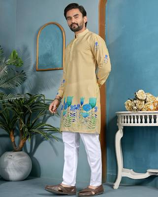 men’s beige cambric cotton floral printed kurta
 3