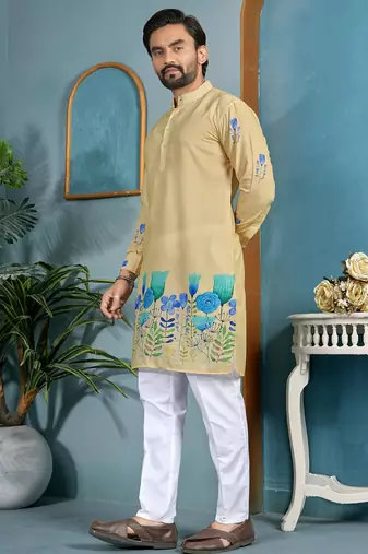 men’s beige cambric cotton floral printed kurta