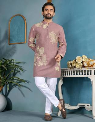 men's dusty rose cotton flex floral printed kurta 1