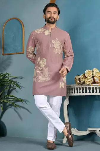 men's dusty rose cotton flex floral printed kurta