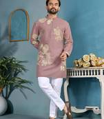 men's dusty rose cotton flex floral printed kurta