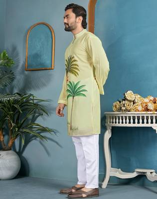 men's light yellow cambric cotton printed kurta 3
