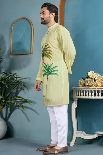 men's light yellow cambric cotton printed kurta