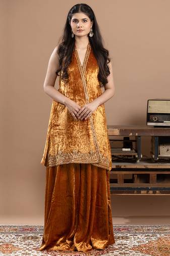 Yellow embroidered tissue sharara set