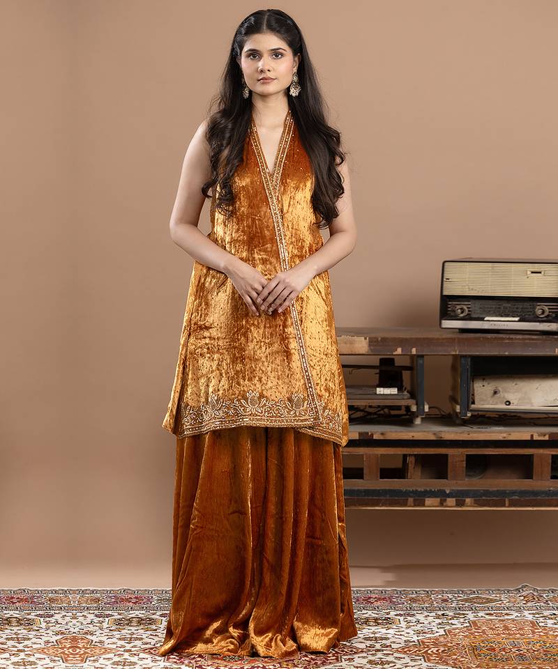 Yellow embroidered tissue sharara set