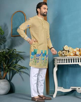 men’s beige cambric cotton floral printed kurta
 4