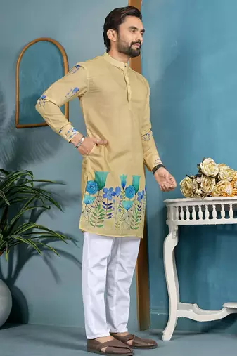 men’s beige cambric cotton floral printed kurta