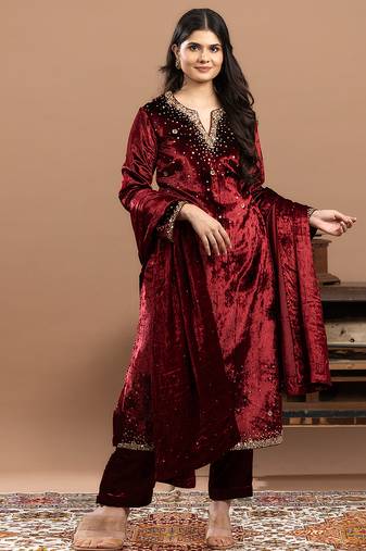 Maroon embroidered velvet anarkali set