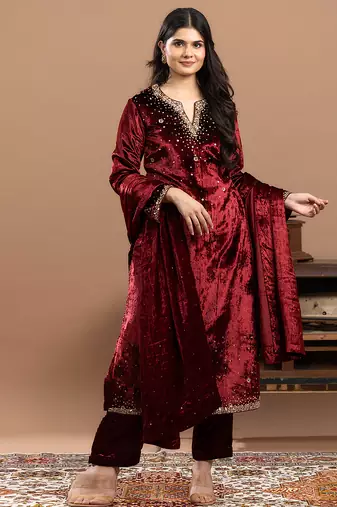velvet maroon embroidered anarkali suit with dupatta
