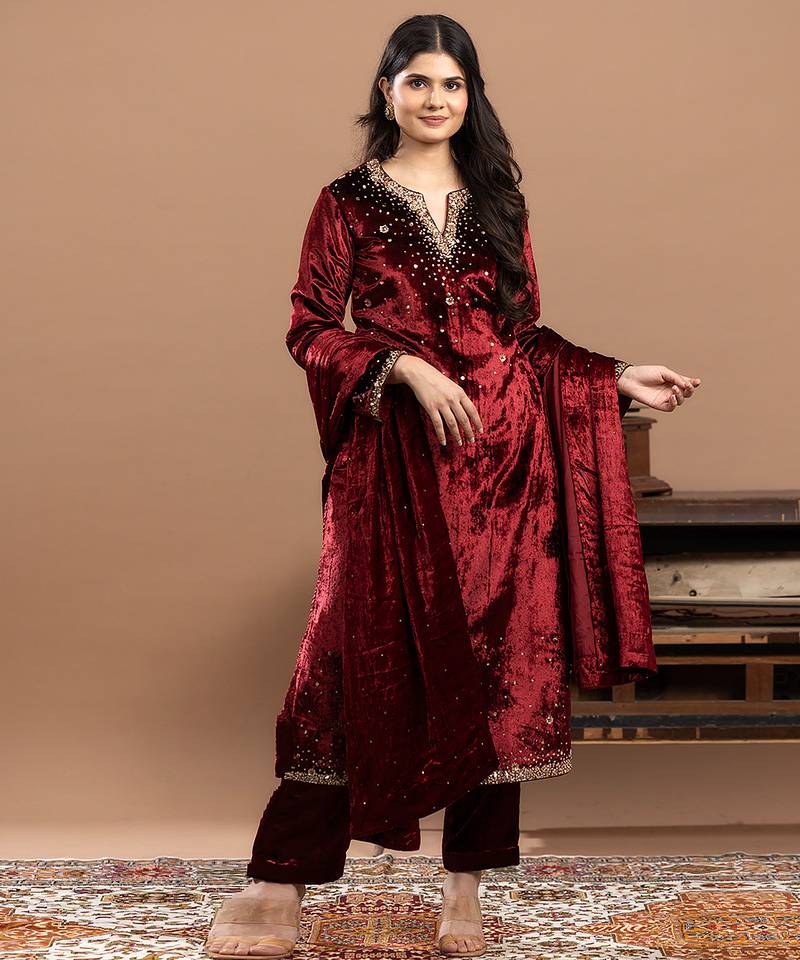 Maroon embroidered velvet anarkali set