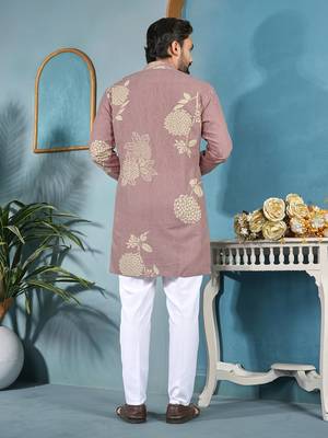 men's dusty rose cotton flex floral printed kurta 2
