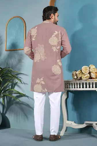 men's dusty rose cotton flex floral printed kurta