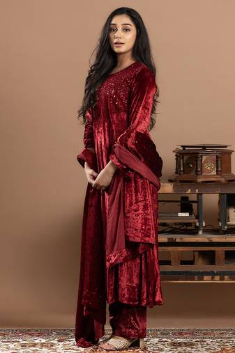 Maroon embroidered velvet anarkali set