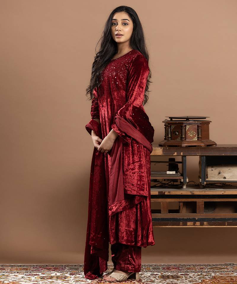 Maroon embroidered velvet anarkali set