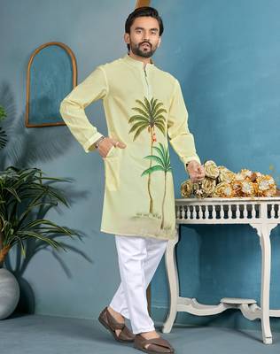 men's light yellow cambric cotton printed kurta 4