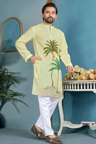 men's light yellow cambric cotton printed kurta