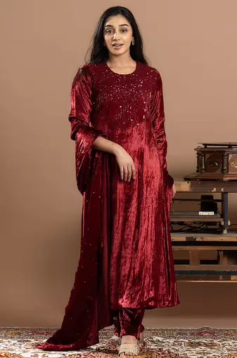 maroon velvet embroidered anarkali suit with dupatta