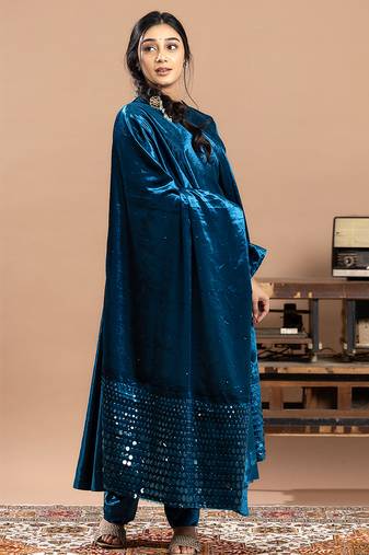 Blue embroidered velvet anarkali set