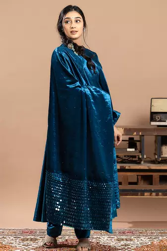 velvet blue embroidered anarkali suit with dupatta