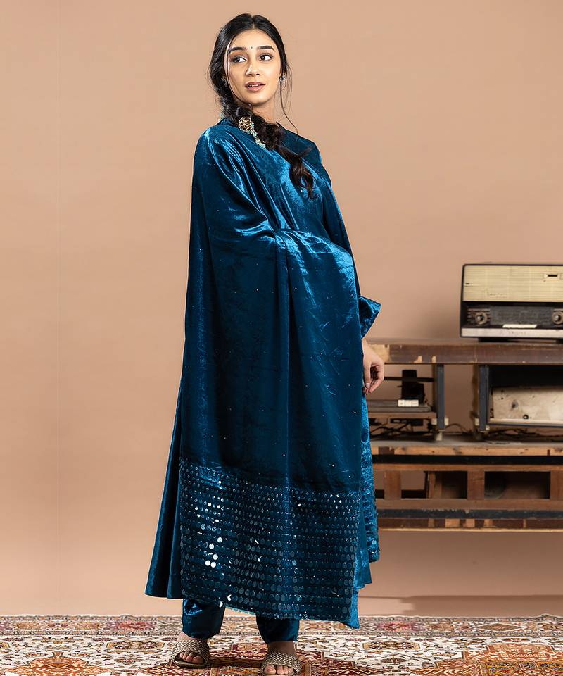 Blue embroidered velvet anarkali set
