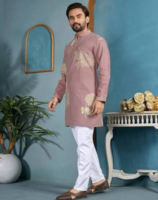 men's dusty rose cotton flex floral printed kurta 3