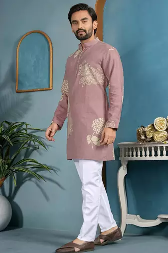 men's dusty rose cotton flex floral printed kurta