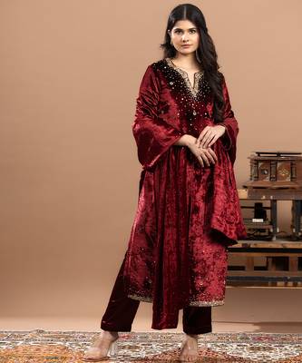 velvet maroon embroidered anarkali suit with dupatta 4