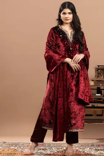 velvet maroon embroidered anarkali suit with dupatta