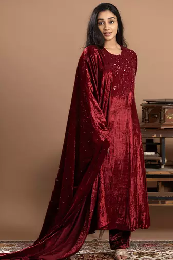 maroon velvet embroidered anarkali suit with dupatta