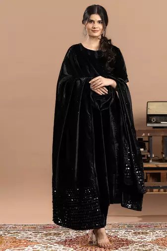 velvet black embroidered anarkali suit with dupatta