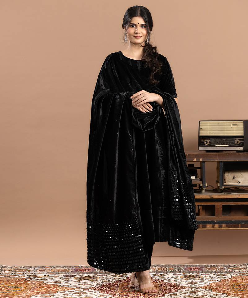 Black embroidered velvet anarkali set