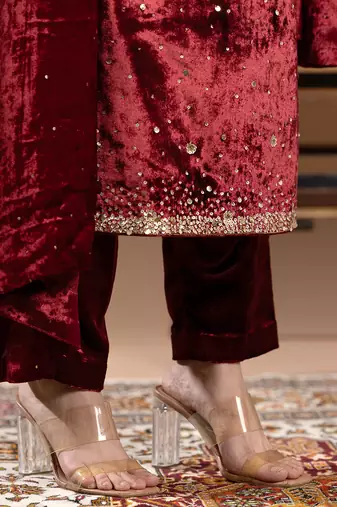 velvet maroon embroidered anarkali suit with dupatta
