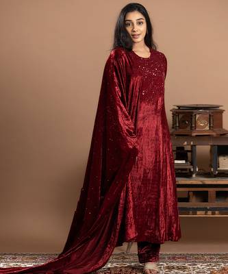 maroon velvet embroidered anarkali suit with dupatta 4
