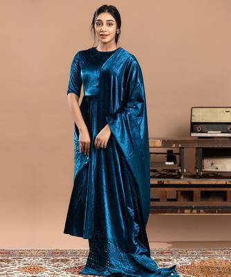 velvet blue embroidered anarkali suit with dupatta 2