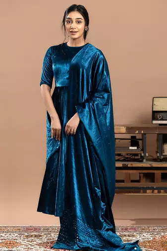 velvet blue embroidered anarkali suit with dupatta