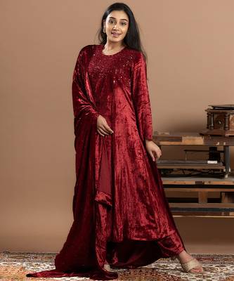 maroon velvet embroidered anarkali suit with dupatta 5