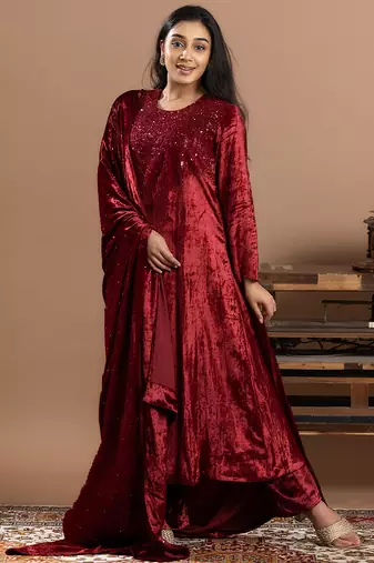 maroon velvet embroidered anarkali suit with dupatta